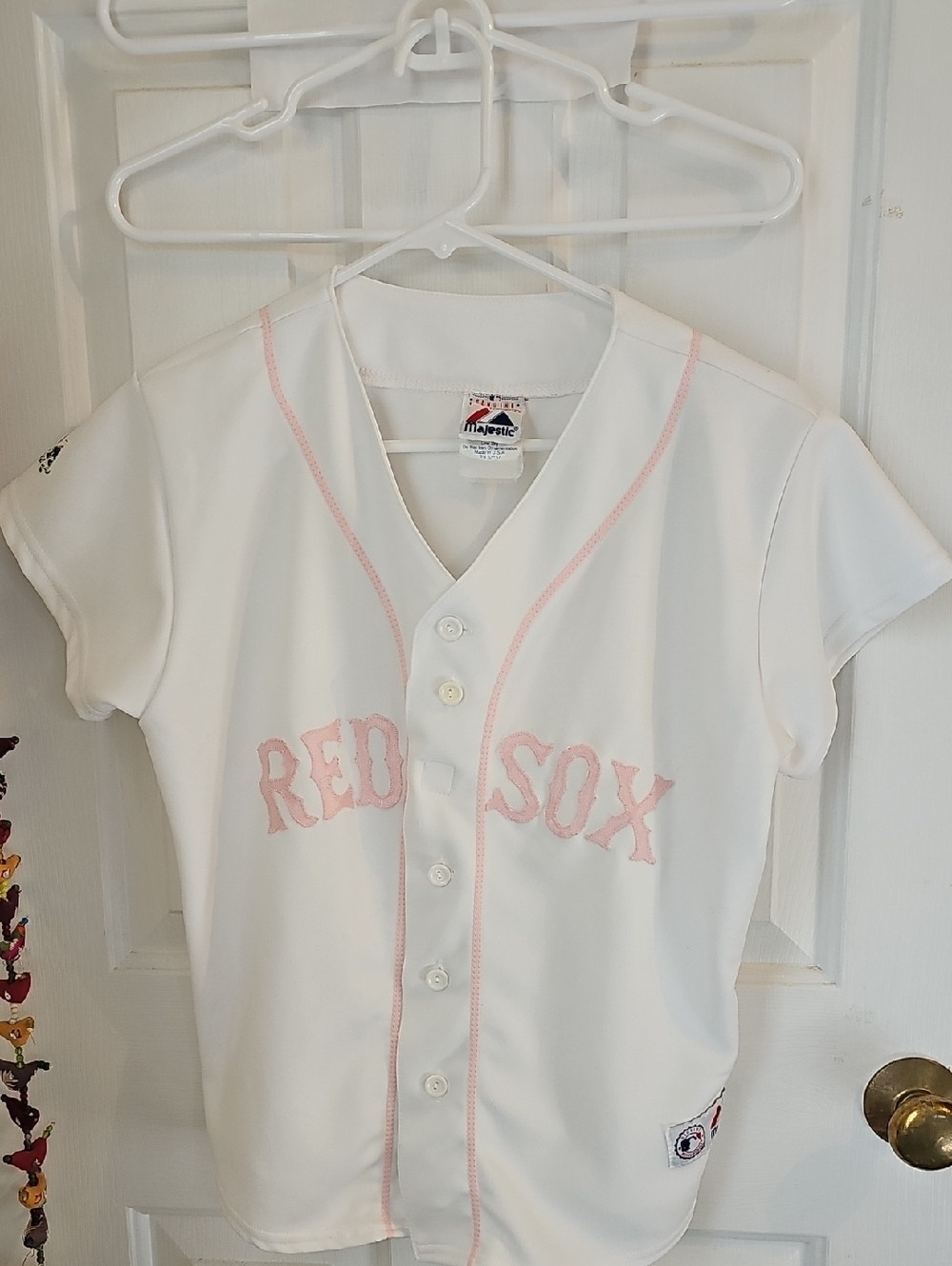 RED SOX Ladies Button Up Jersey White With Pink Lettering